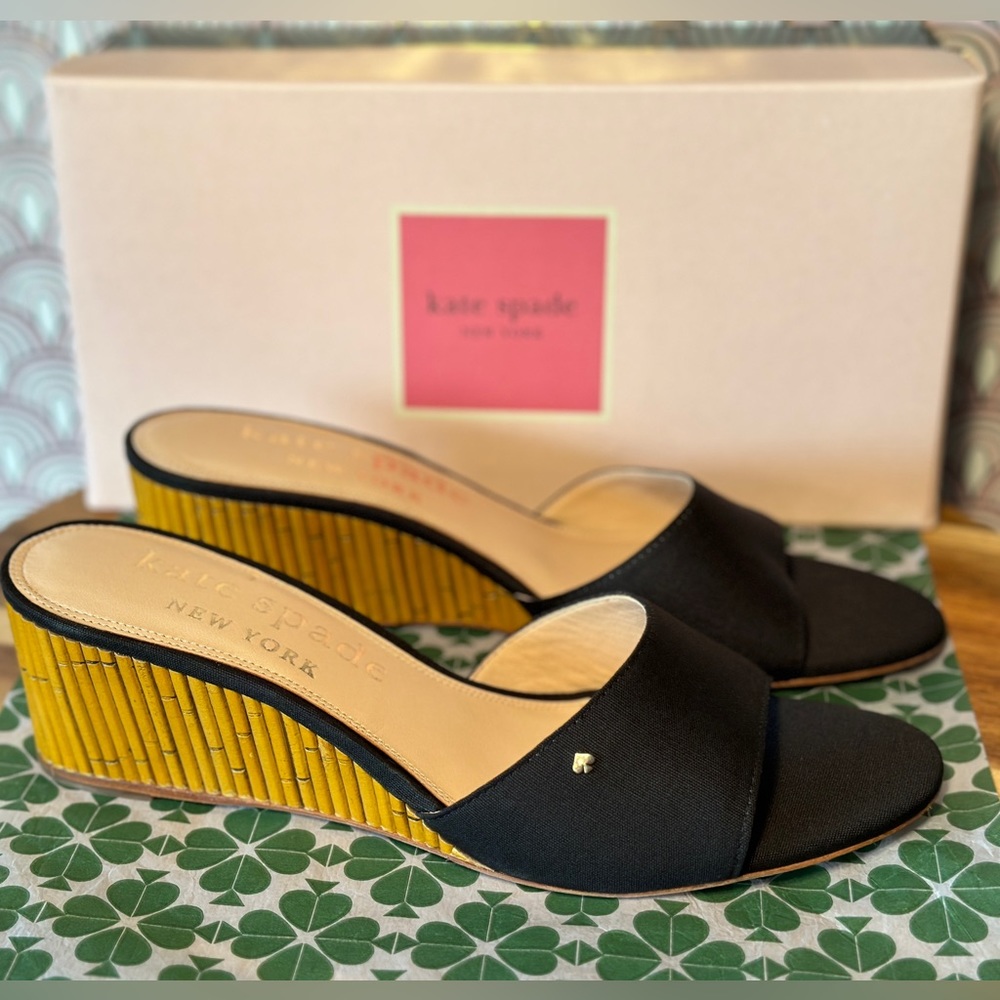 New-Kate Spade Meena Bamboo Wedge sandal in Black- Sz 9.5